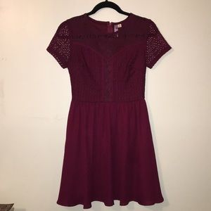Francesca’s maroon lace and chiffon dress